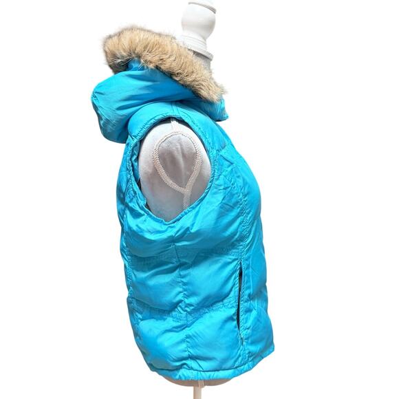 U.S. POLO ASSN. Women’s Puffer Vest L Blue Faux-Fur Hood USPA Logo - Picture 2 of 6